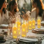 Set of flameless battery LED pillar candles in glass holders