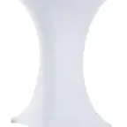 Round cocktail-height signing table with a fitted white cover