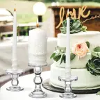 Unity candle set with lace-trimmed pillar and taper candles in glass holders