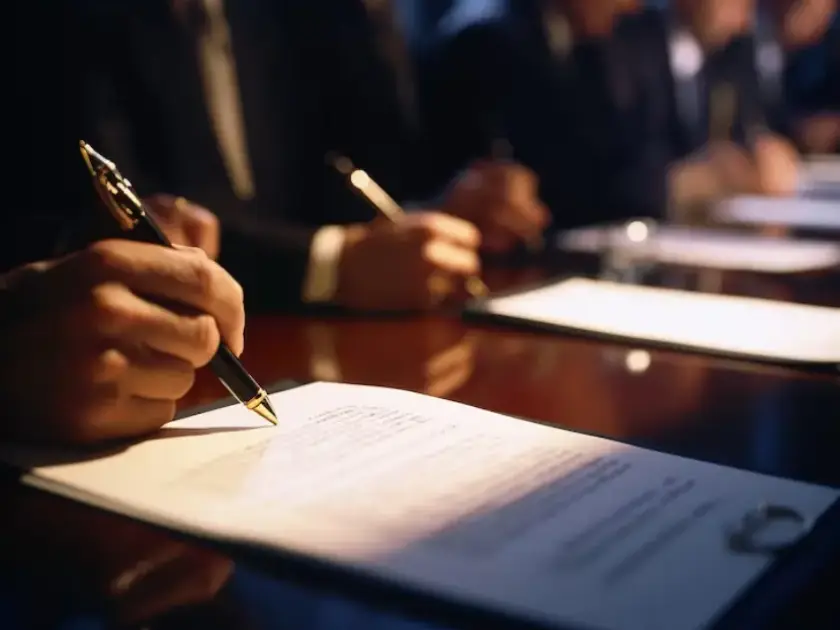 Professionals signing documents at an office visited for mobile appointments